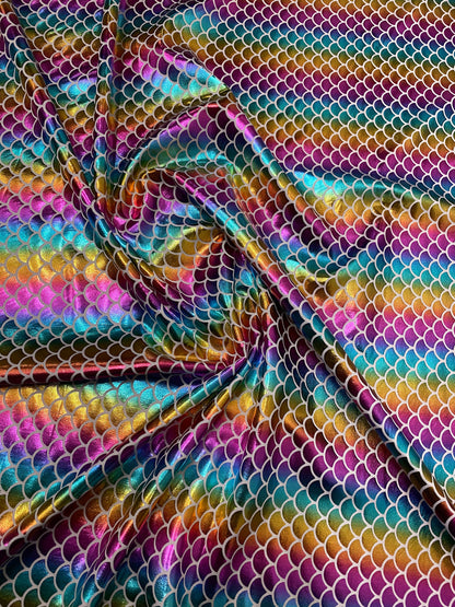 New mermaid!!Rainbow foil metallic nylon Spandex 4-way Stretch 58/60” Sold by the YD. Ships worldwide from Los Angeles California USA.