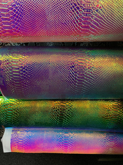 New Alligator design iridescent vinyl non stretch 58/60” Sold by the YD. Ships worldwide from Los Ángeles California USA.