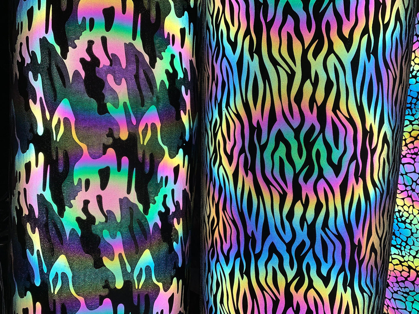 New reflective rainbow zebra and camouflage design on super techno heavy fabric 2-way Stretch 58/60” Sold by the YD. Ships worldwide.