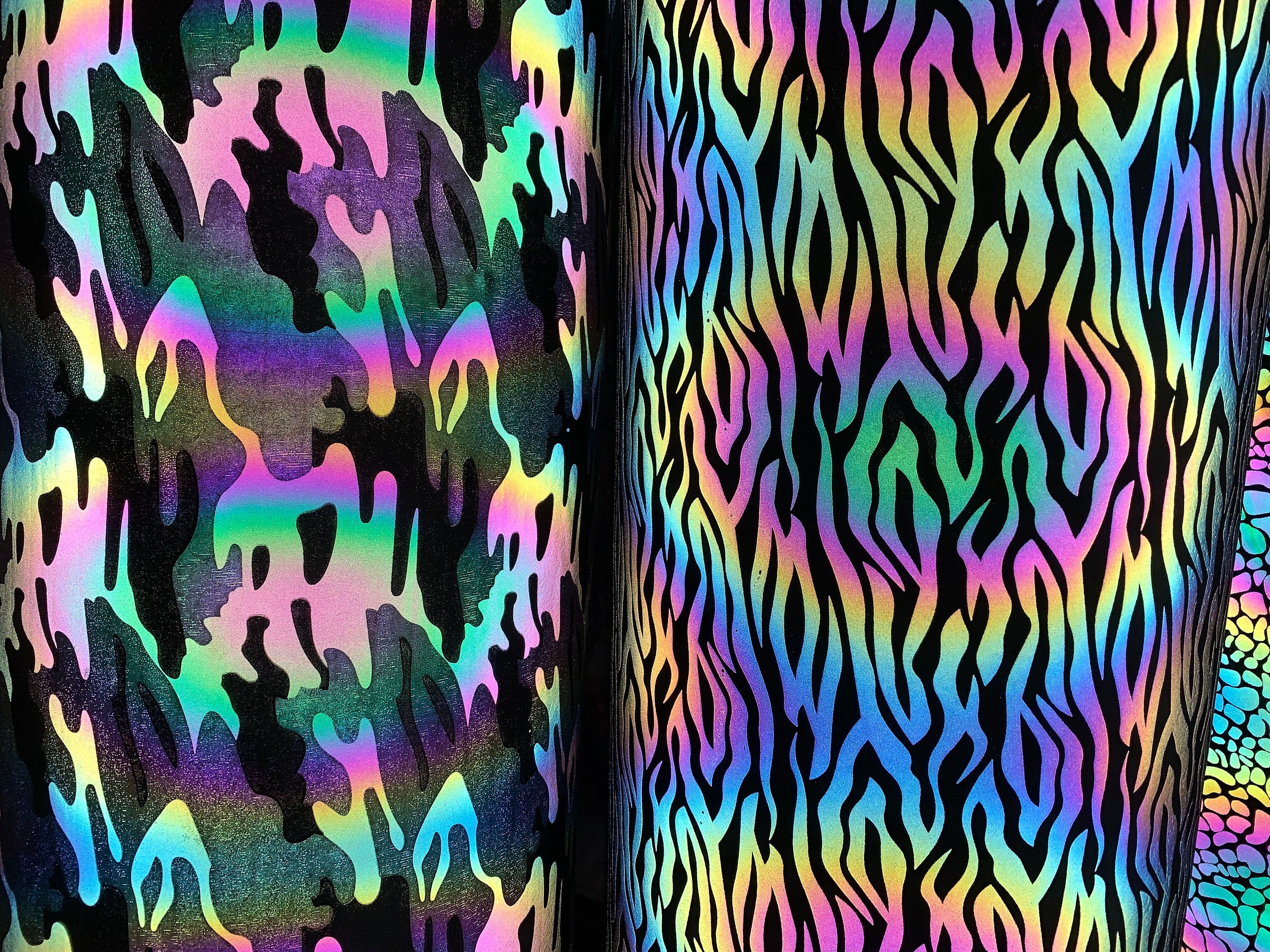 New reflective rainbow zebra and camouflage design on super techno heavy fabric 2-way Stretch 58/60” Sold by the YD. buy Ships worldwide.