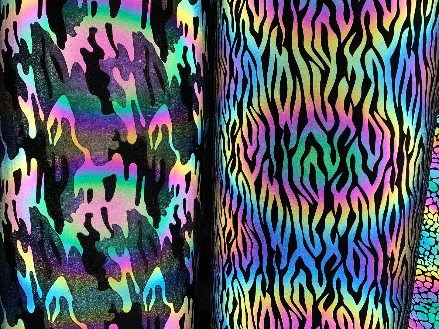 New reflective rainbow zebra and camouflage design on super techno heavy fabric 2-way Stretch 58/60” Sold by the YD. Ships worldwide.