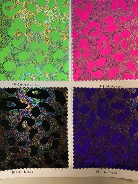 New Illusion leopard design with Iridescent foil heavy nylon spandex 4-way stretch 58/60” Sold by the YD. Ships worldwide from Los Angeles.