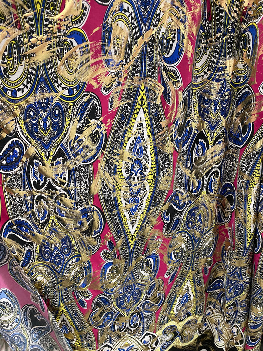 New metallic poly spandex modern paisley design 4-way stretch 58/60” Sold by the YD. Ships worldwide from Los Ángeles California USA.