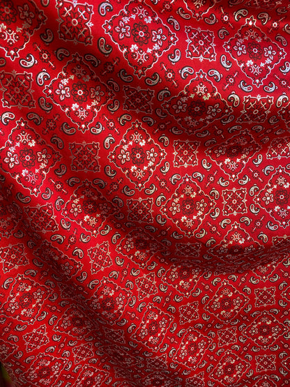 New paisley bandana metallic design print on heavy nylon spandex 4way stretch 58/60” Sold by the YD. Ships worldwide from Los Angeles CA.