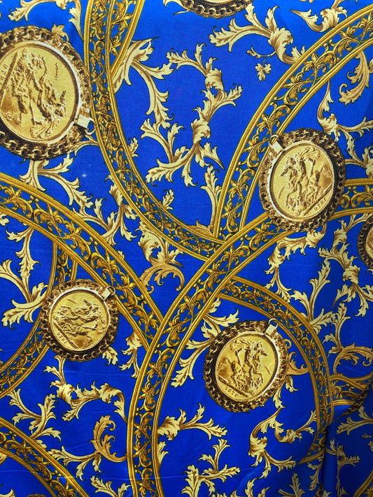New modern print Sapphire/gold poly spandex medium weight 4-way stretch 58/60” Sold by the YD. Ships worldwide from Los Ángeles California.