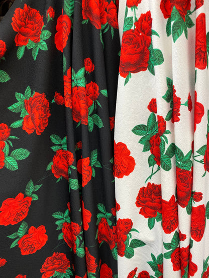 New poly spandex with roses design 4-way stretch 58/60” Sold by the YD. Ships worldwide from Los Angeles California USA.