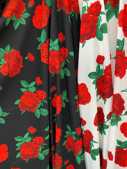 New poly spandex with roses design 4-way stretch 58/60” Sold by the YD. Ships worldwide from Los Angeles California USA.