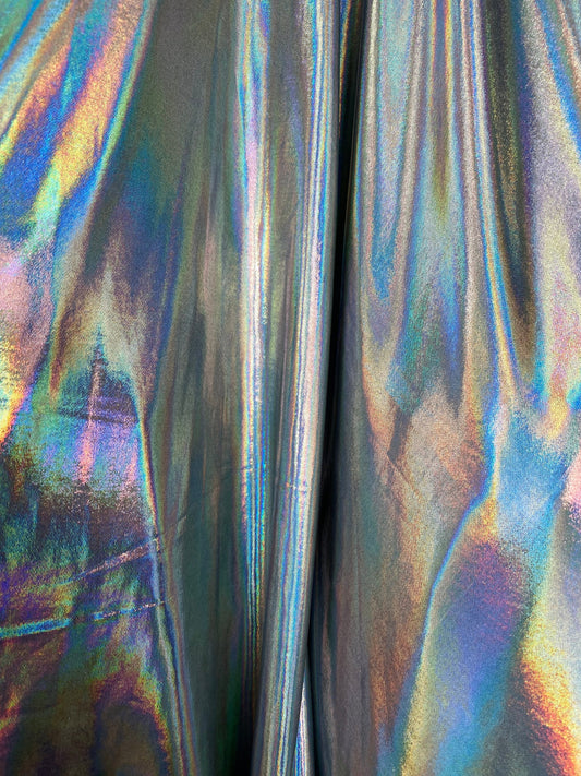 New poly spandex with iridescent metallic foil black/silver 4-way stretch 58/60” Sold by the YD. Ships worldwide from Los Angeles California