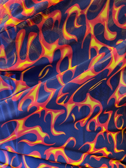 New power mesh Hot flames design nylon mesh 4-way stretch 58/60” Sold by the YD. Ships worldwide from Los Angeles California USA.