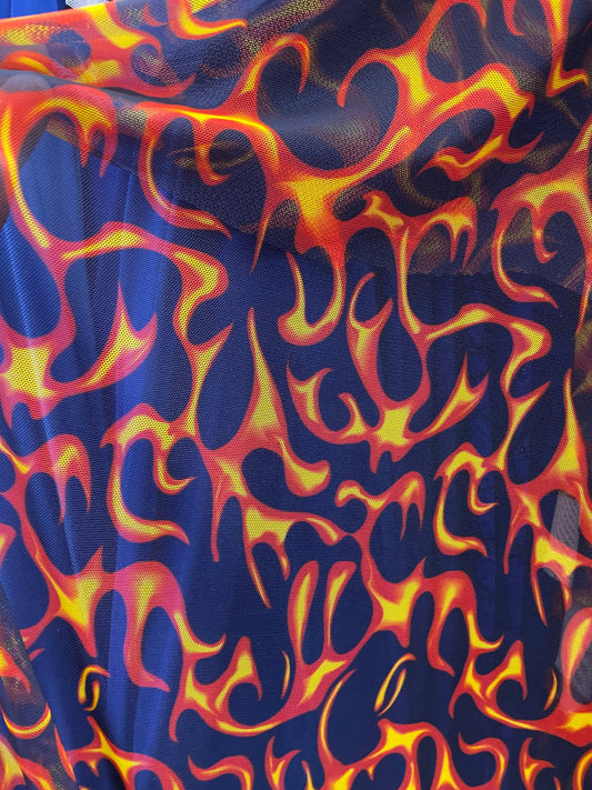 New power mesh Hot flames design nylon mesh 4-way stretch 58/60” Sold by the YD. Ships worldwide from Los Angeles California USA.