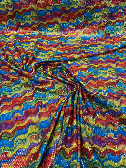 New shattered glass hologram multicolor lava design nylon spandex 4way stretch 58/60” Sold by the YD. Ships worldwide from Los Angeles CA US