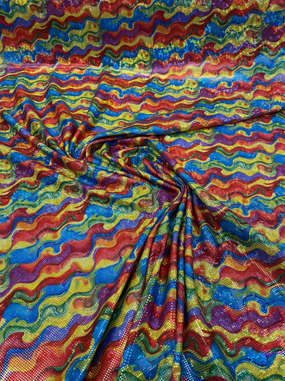 New shattered glass hologram multicolor lava design nylon spandex 4way stretch 58/60” Sold by the YD. Ships worldwide from Los Angeles CA US