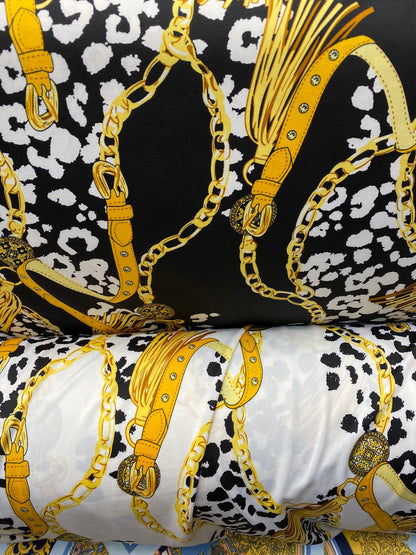 New animal print with gold chain design print on poly spandex 2-way stretch medium weight 58/60” Sold by the YD. Ships worldwide from USA.