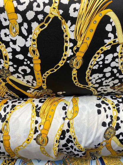 New animal print with gold chain design print on poly spandex 2-way stretch medium weight 58/60” Sold by the YD. Ships worldwide from USA.