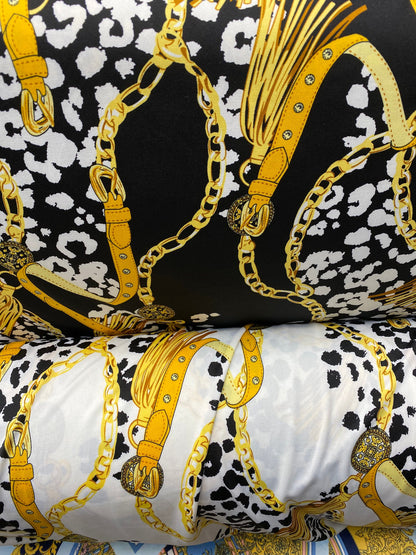 New animal print with gold chain design print on poly spandex 2-way stretch medium weight 58/60” Sold by the YD. Ships worldwide from USA.