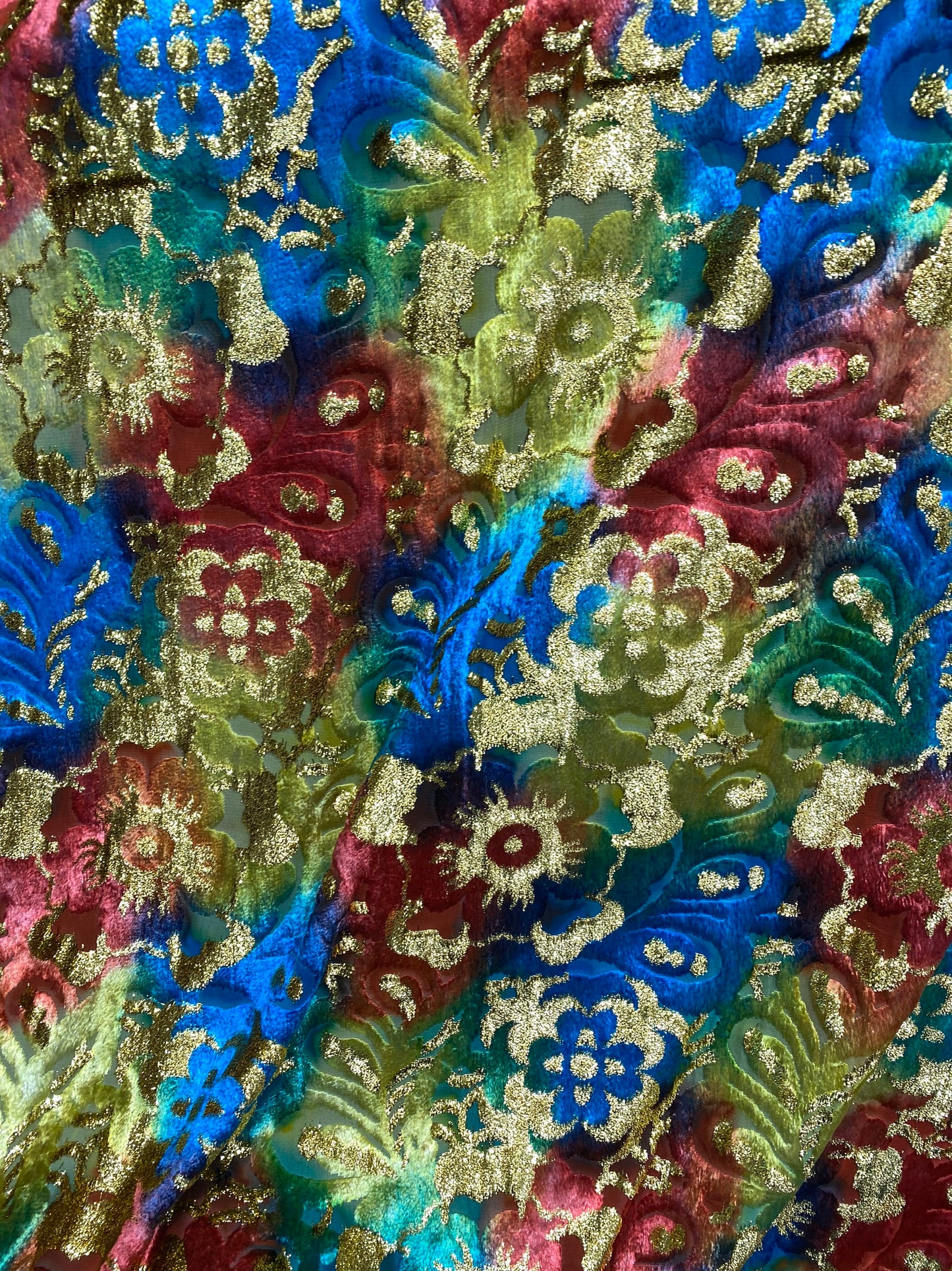 New luxury Silk burnout velvet tie dye with metallic lurex 50/52” Sold by the YD. Ships worldwide from Los Angeles California USA.