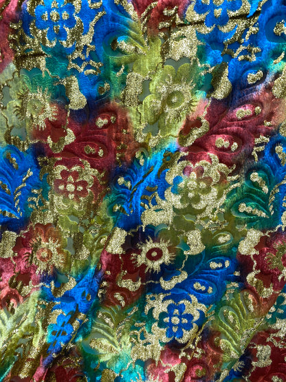 New luxury Silk burnout velvet tie dye with metallic lurex 50/52” Sold by the YD. Ships worldwide from Los Angeles California USA.