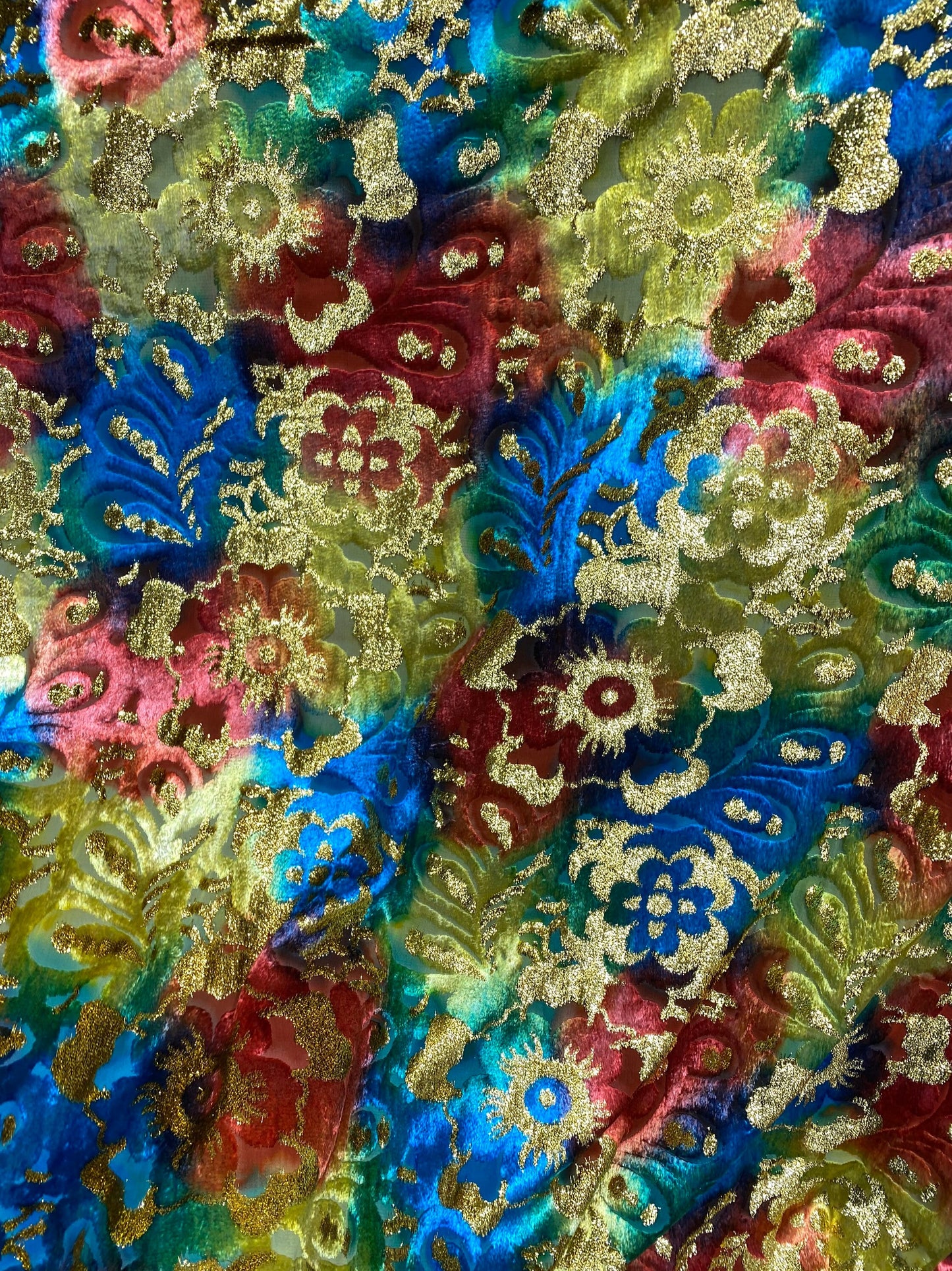 New luxury Silk burnout velvet tie dye with metallic lurex 50/52” Sold by the YD. Ships worldwide from Los Angeles California USA.
