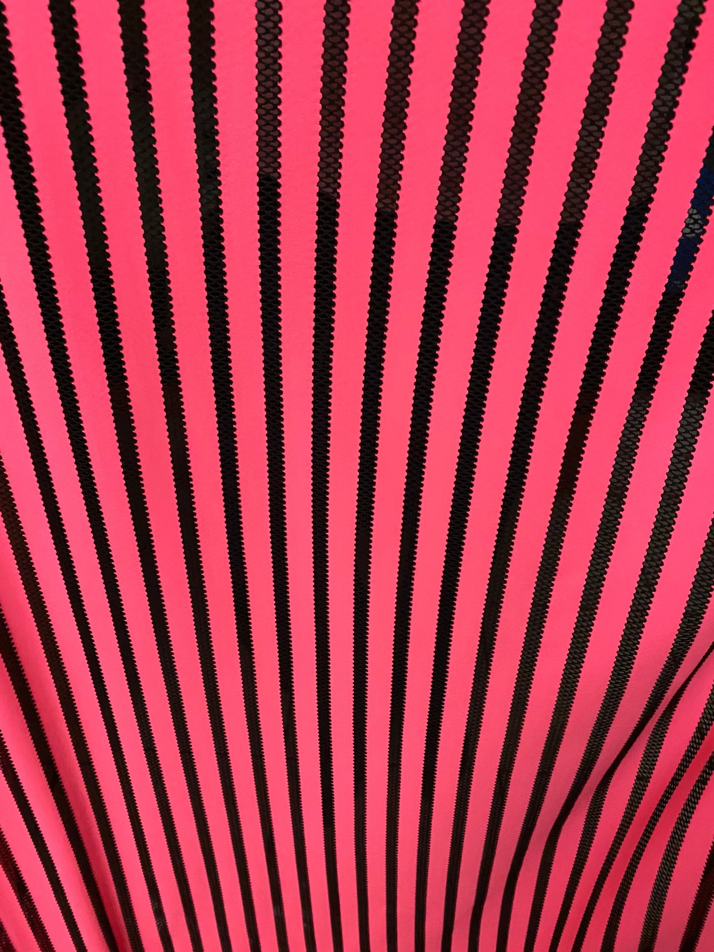 New  stripe nylon spandex mesh neon pink/black 4-way stretch 58/60” Sold by the YD. Ships worldwide from Los Angeles California USA.