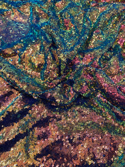New cosmic iridescent sequins sapphire bronze color on stretch mesh 2-way stretch 58/60” Sold by the YD. Ships worldwide from Los Angeles CA
