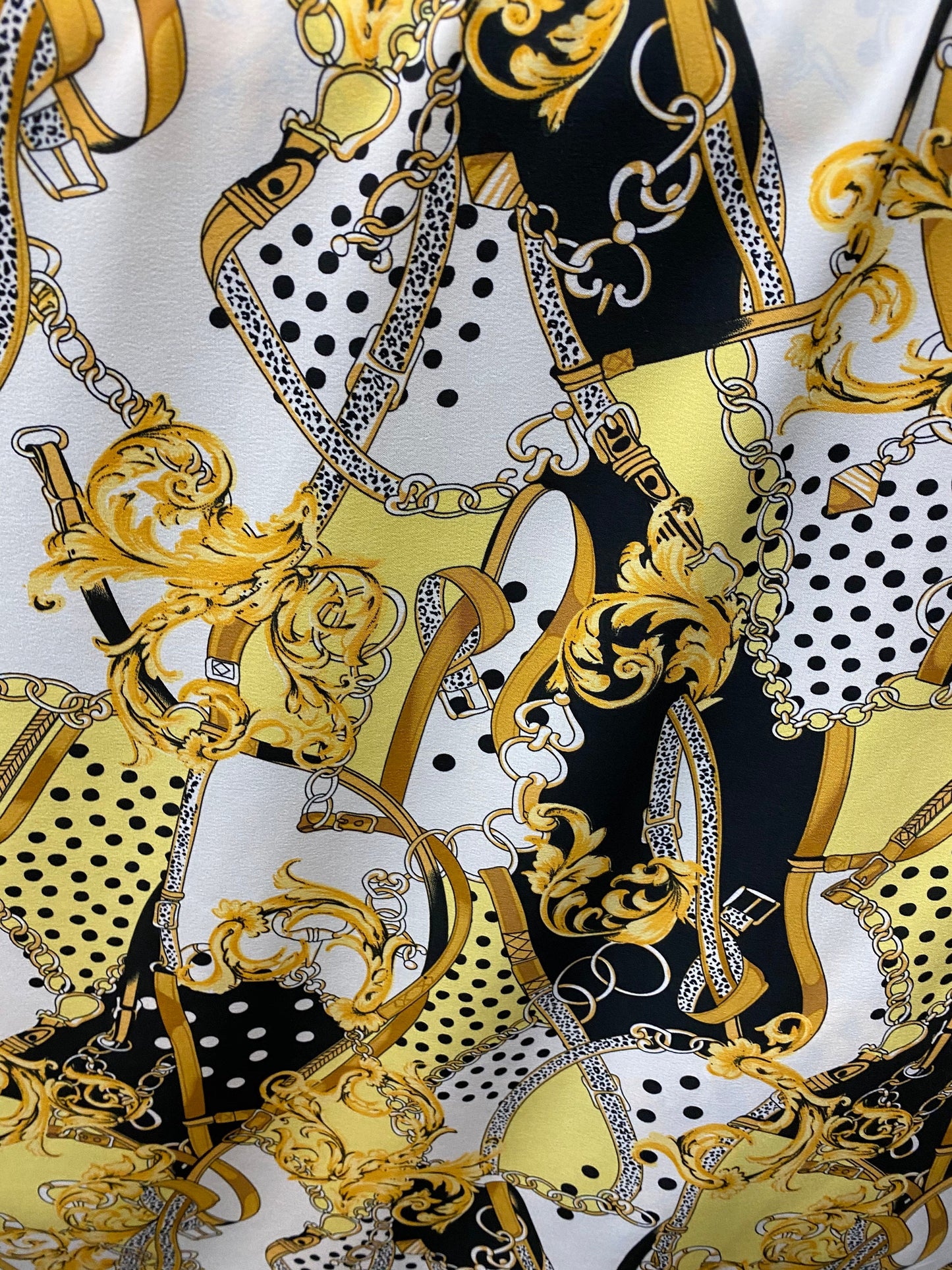 New poly spandex print modern chain and dots design light weight 2-way stretch 58/60” Sold by the YD. Ships worldwide from Los Angeles CA.