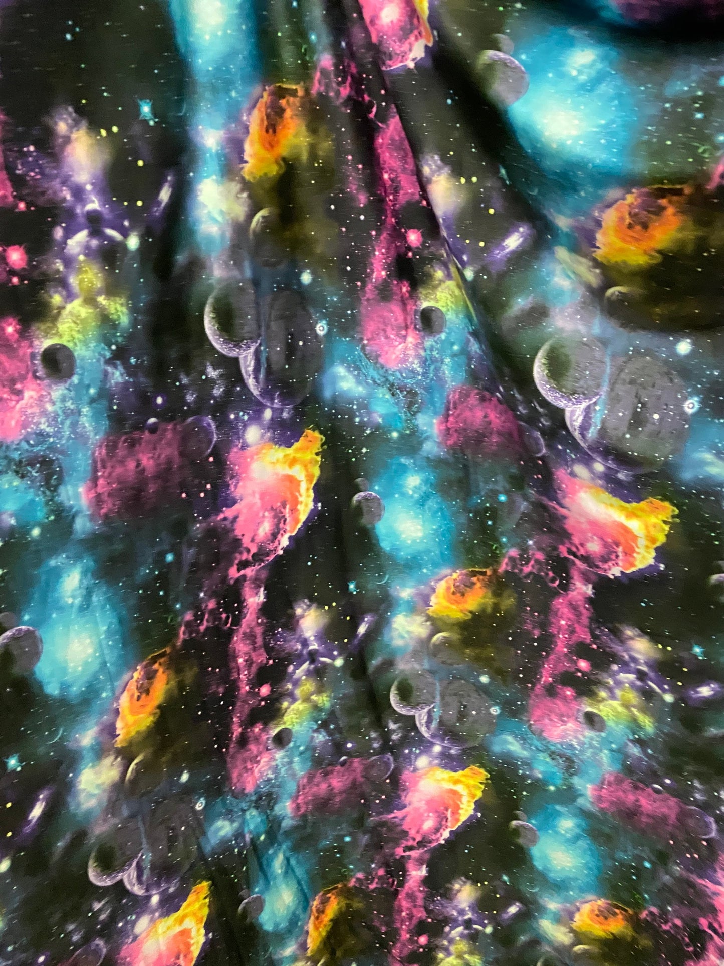 New Galaxy design multicolor print on great quality poly spandex  4-way stretch 58/60” Sold by the YD. Ships worldwide from Los Angeles CA