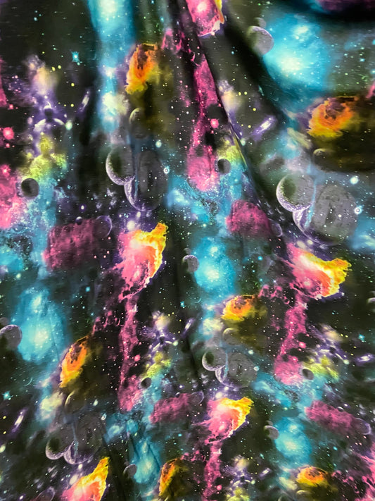 New Galaxy design multicolor print on great quality poly spandex  4-way stretch 58/60” Sold by the YD. Ships worldwide from Los Angeles CA