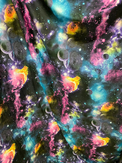New Galaxy design multicolor print on great quality poly spandex  4-way stretch 58/60” Sold by the YD. Ships worldwide from Los Angeles CA