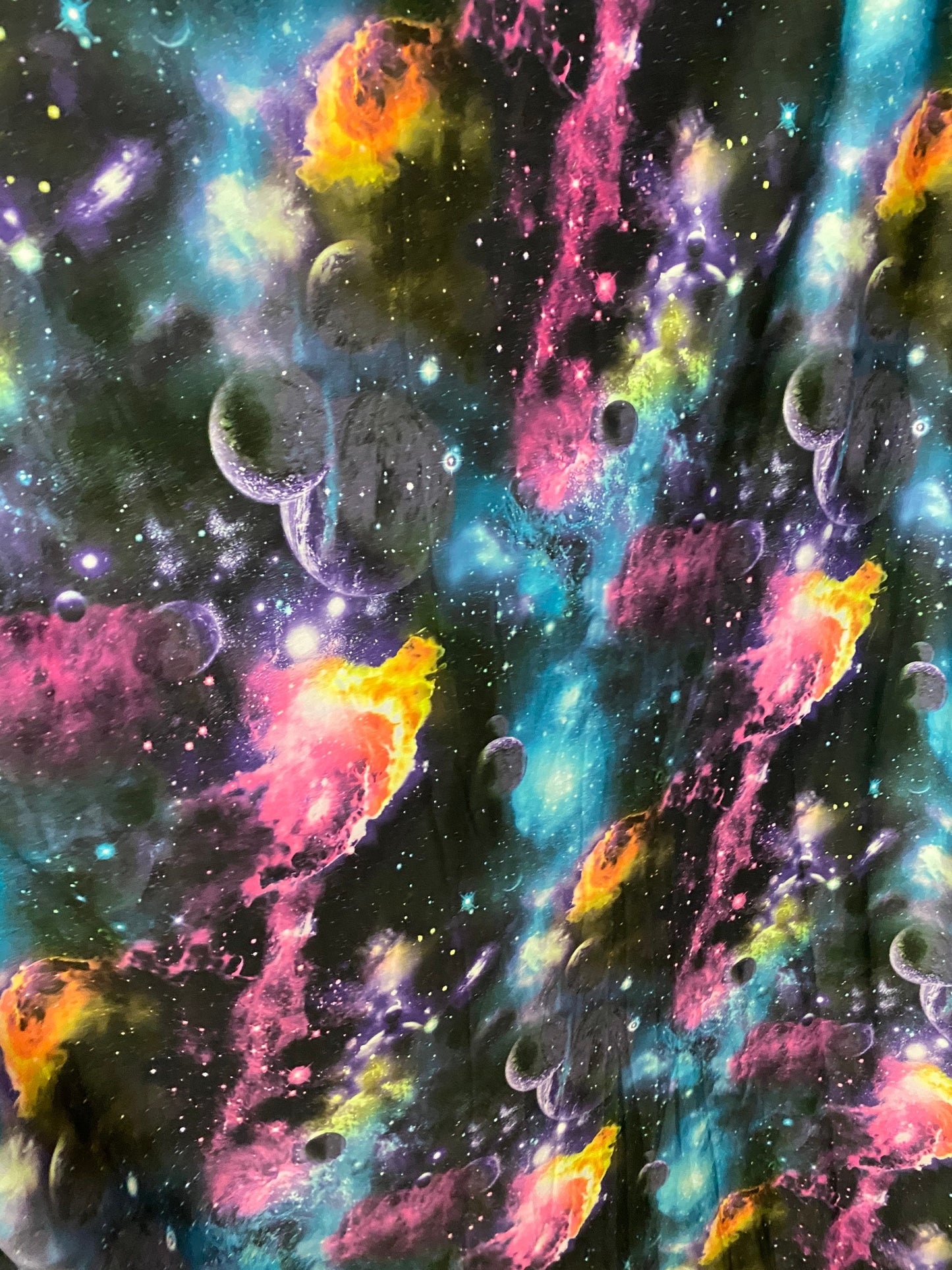 New Galaxy design multicolor print on great quality poly spandex  4-way stretch 58/60” Sold by the YD. Ships worldwide from Los Angeles CA
