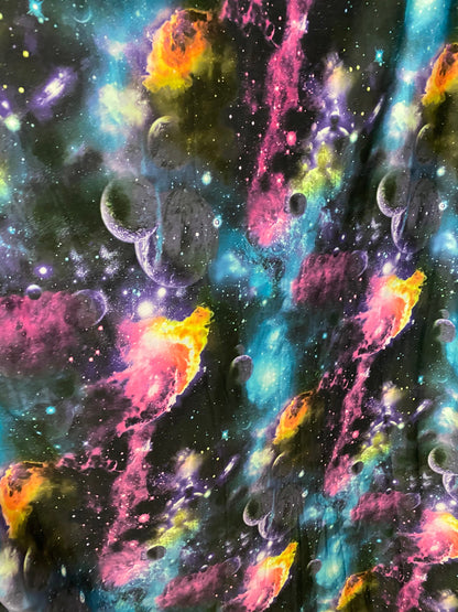 New Galaxy design multicolor print on great quality poly spandex  4-way stretch 58/60” Sold by the YD. Ships worldwide from Los Angeles CA