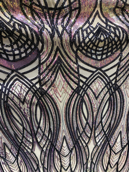 New Modern Beyonce design power mesh with Iridescent sequins 2-way stretch 55/57” Sold by the YD. Ships worldwide from Los Angeles CA USA.