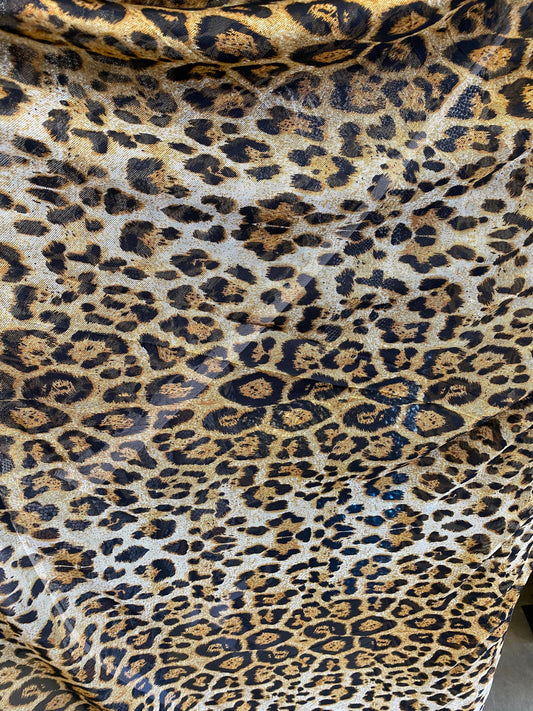 New power mesh animal print leopard design 4-way Stretch 58/60” Sold by the YD. Ships worldwide from Los Angeles California USA.