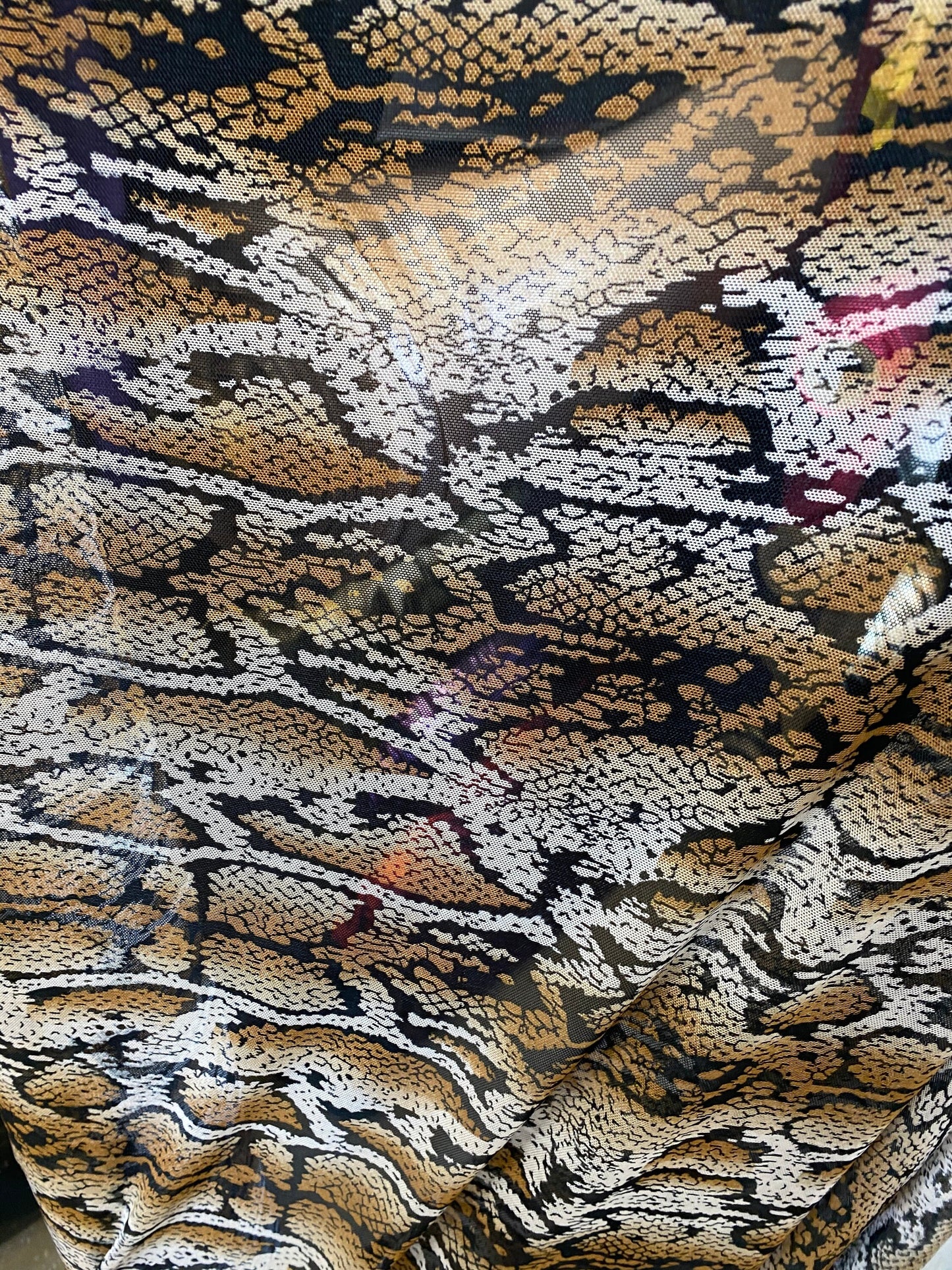 New mesh snake design print on stretch mesh 4-way Sold by the YD. Ships worldwide from Los Angeles California USA.