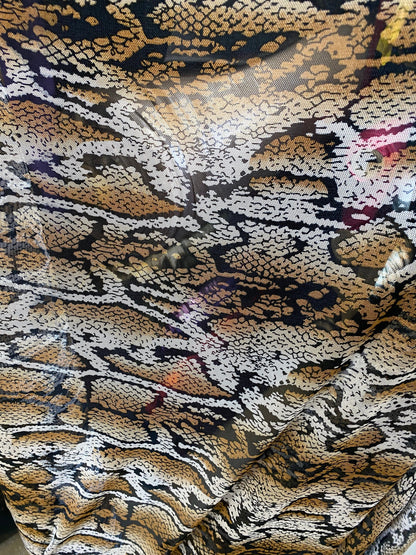 New mesh snake design print on stretch mesh 4-way Sold by the YD. Ships worldwide from Los Angeles California USA.