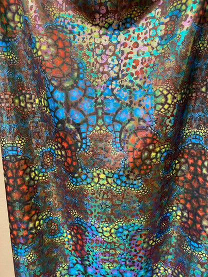 New Exotic Wild animal print design iridescent foil on Nylon spandex 4-way Stretch 58/60” Sold by the YD. Ships worldwide from Los Angeles.