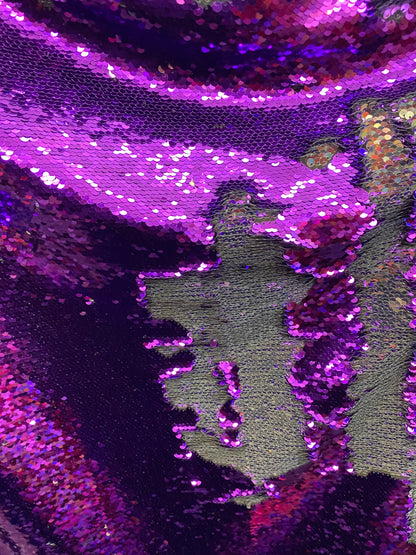New Reversible flip up sequins purple/silver 5mm seq with Lycra base 58/60” sold by the yd. Ships worldwide from Los Angeles California USA.