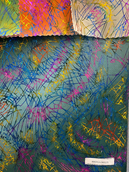 New tie dye Bang bang hologram foil print in nylon spandex 4way stretch 58/60” Sold by the YD. Ships worldwide from Los Angeles CA.