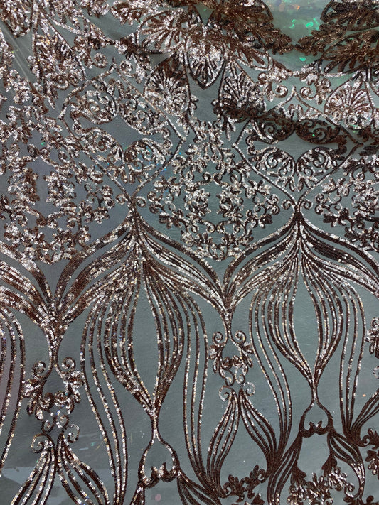 New modern sequins Jennifer design iridescent sequins on stretch mesh 2-way 58/60” Sold by the YD. Ships worldwide from Los Angeles CA USA.