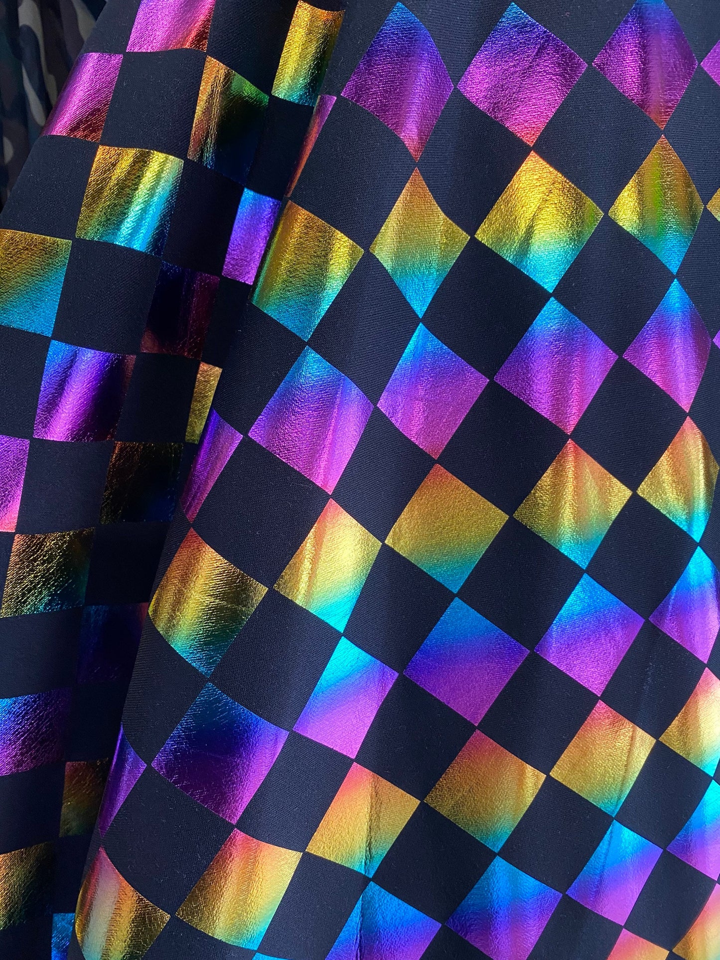 New Diamond design rainbow metallic super techno multicolor  2-way stretch 58/60” Sold by the YD. Ships worldwide from Los Angeles CA USA.