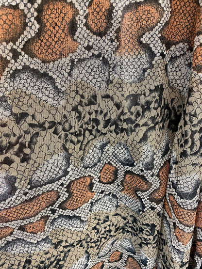 Exotic snake design Nude/black 2-tone print on stretch mesh 4-way 58/60” Sold by the YD. Ships worldwide from Los Angeles California USA.