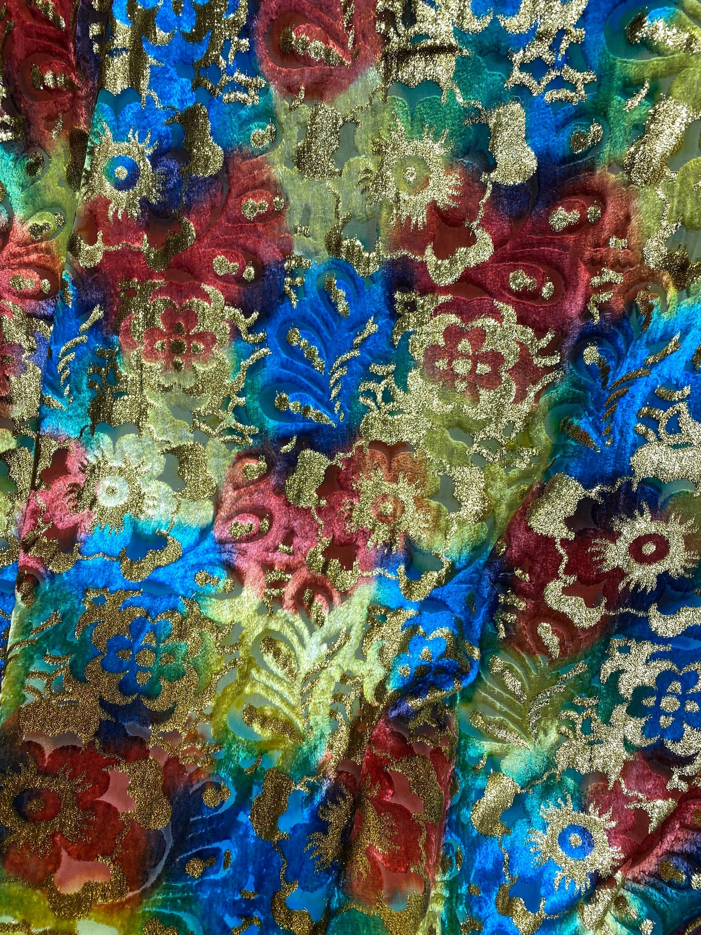 New luxury Silk burnout velvet tie dye with metallic lurex 50/52” Sold by the YD. Ships worldwide from Los Angeles California USA.