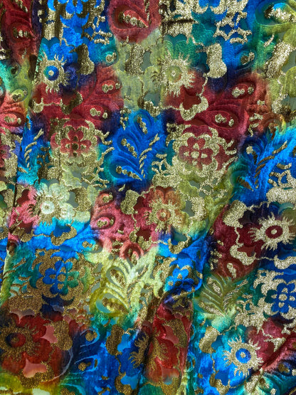 New luxury Silk burnout velvet tie dye with metallic lurex 50/52” Sold by the YD. Ships worldwide from Los Angeles California USA.