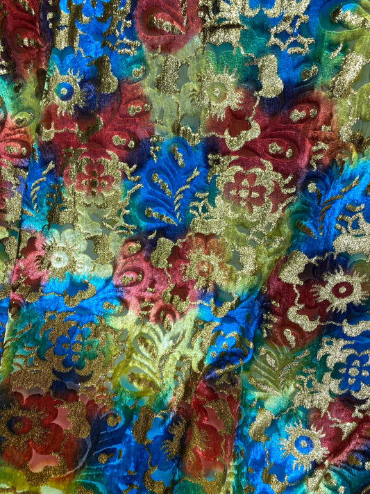 New luxury Silk burnout velvet tie dye with metallic lurex 50/52” Sold by the YD. Ships worldwide from Los Angeles California USA.