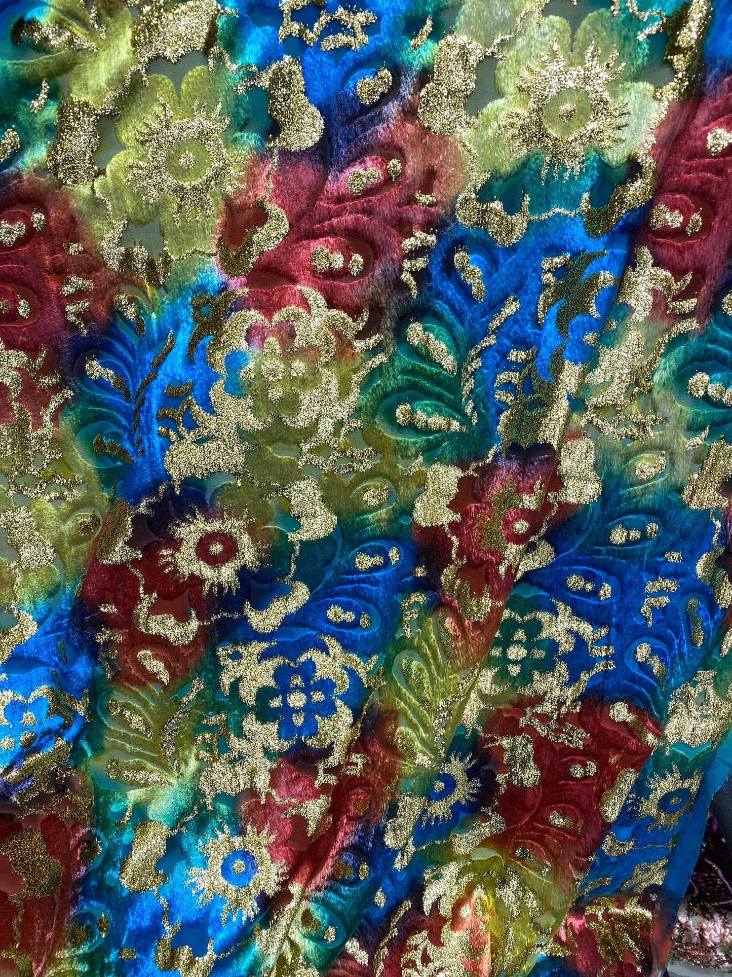 New luxury Silk burnout velvet tie dye with metallic lurex 50/52” Sold by the YD. Ships worldwide from Los Angeles California USA.