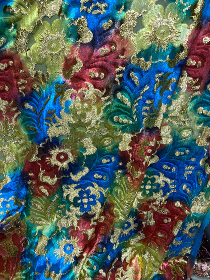 New luxury Silk burnout velvet tie dye with metallic lurex 50/52” Sold by the YD. Ships worldwide from Los Angeles California USA.