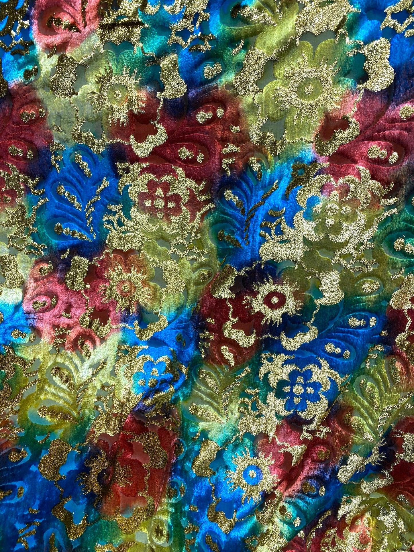 New luxury Silk burnout velvet tie dye with metallic lurex 50/52” Sold by the YD. Ships worldwide from Los Angeles California USA.