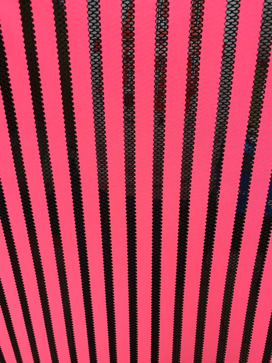 New  stripe nylon spandex mesh neon pink/black 4-way stretch 58/60” Sold by the YD. Ships worldwide from Los Angeles California USA.