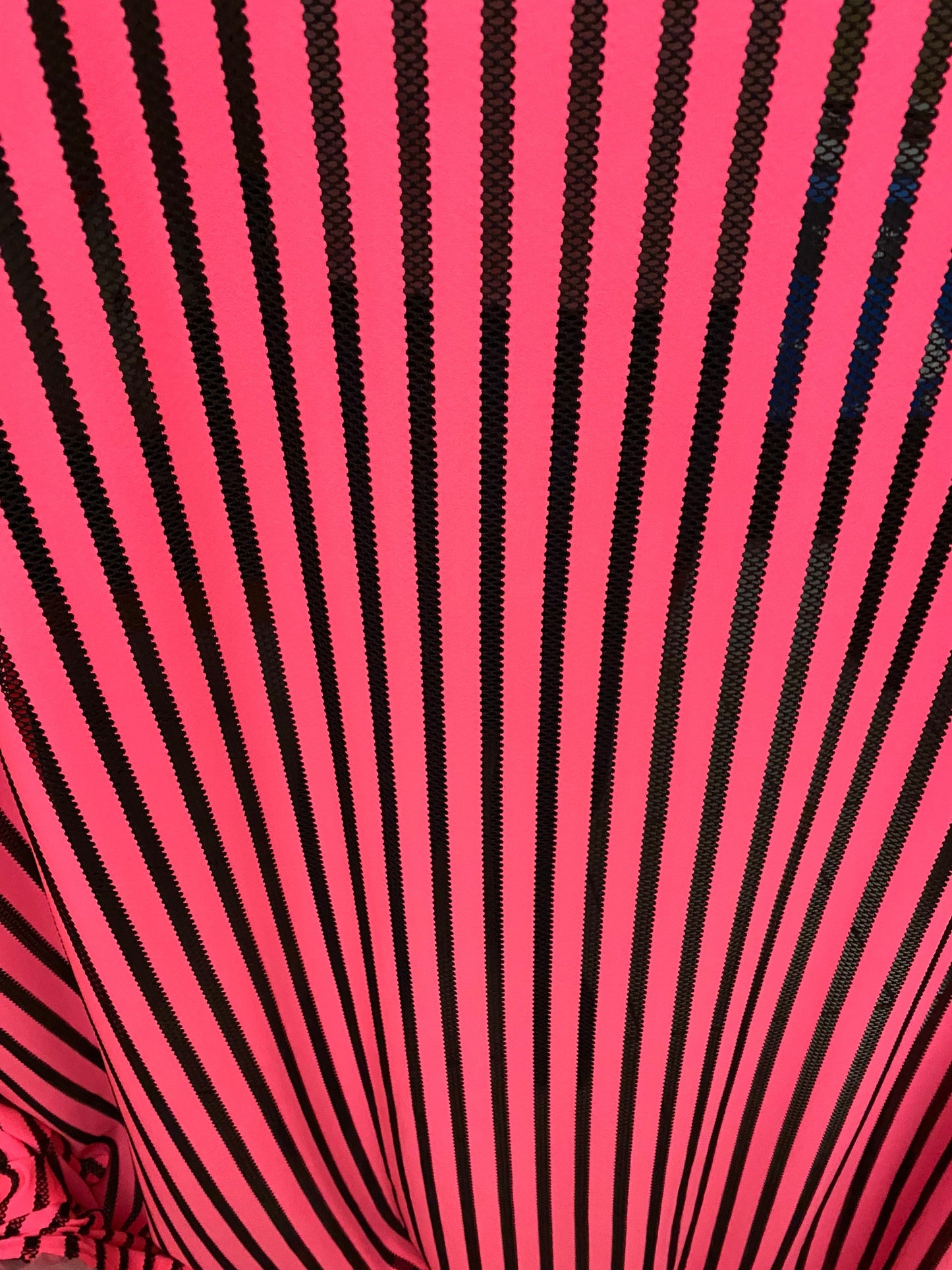 New  stripe nylon spandex mesh neon pink/black 4-way stretch 58/60” Sold by the YD. Ships worldwide from Los Angeles California USA.