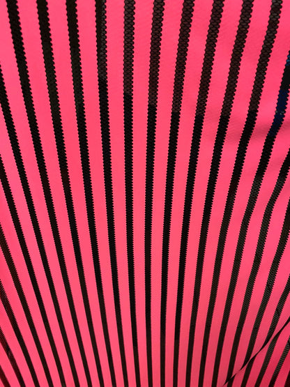 New  stripe nylon spandex mesh neon pink/black 4-way stretch 58/60” Sold by the YD. Ships worldwide from Los Angeles California USA.