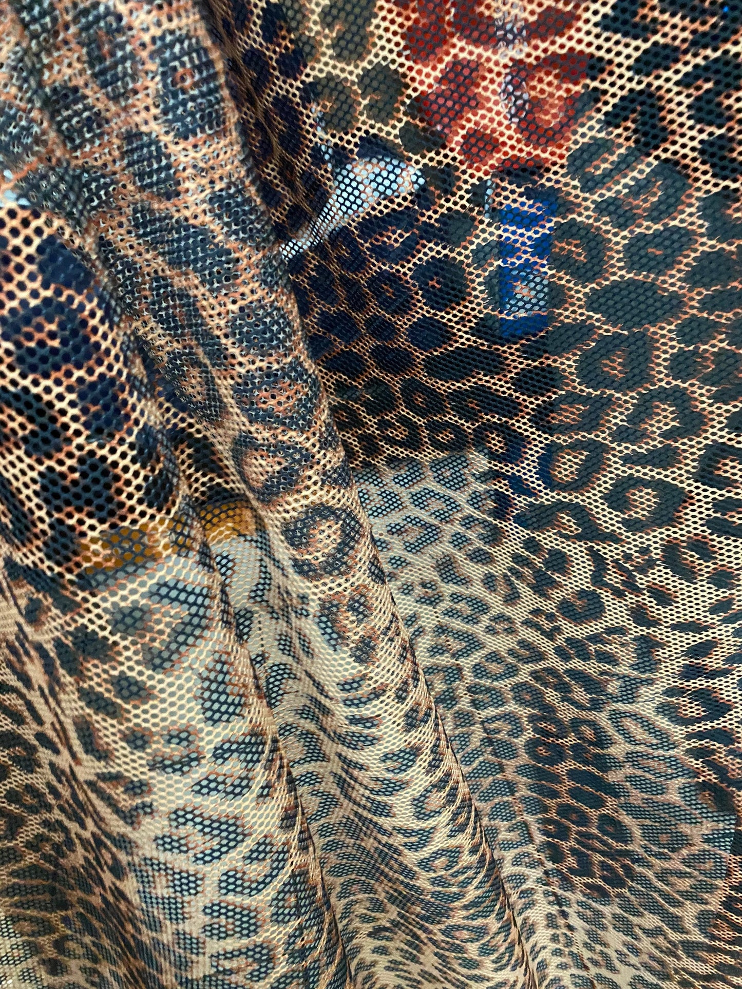 New fishnet exotic leopard design 2-way stretch 58/60” Sold by the YD. Ships worldwide from Los Angeles California USA.